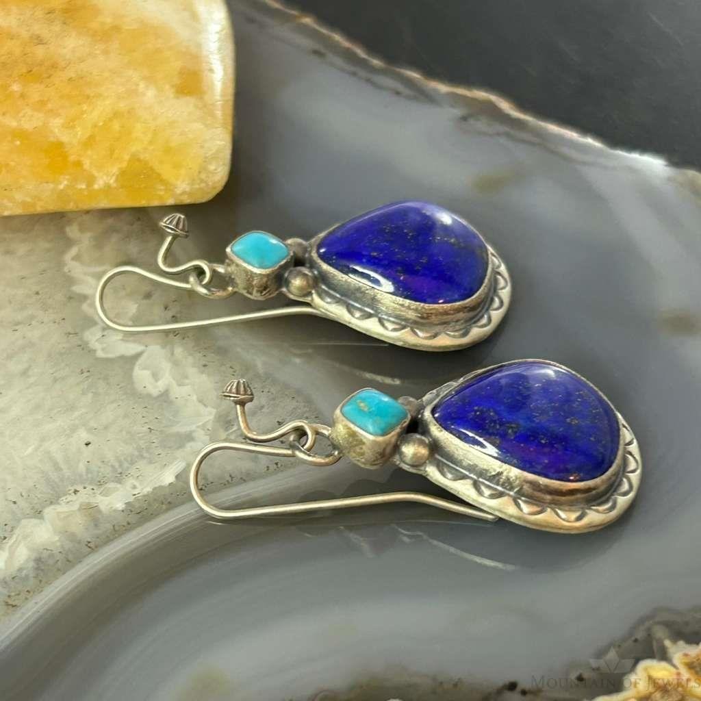 Native American Sterling Silver Teardrop Lapis & Turquoise Dangle Earrings For Women