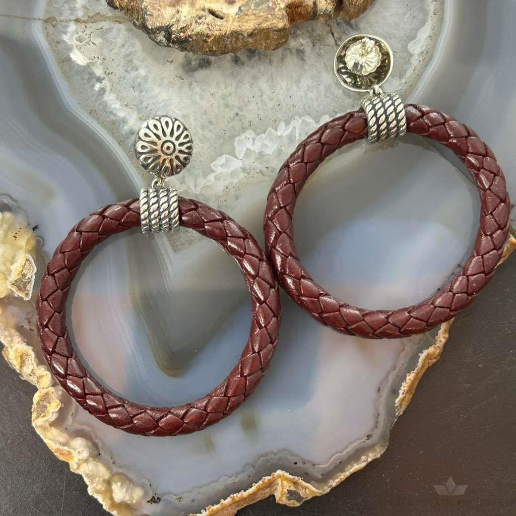 Carolyn Pollack Sterling Silver Maroon Braided Leather Hoop Earrings For Women