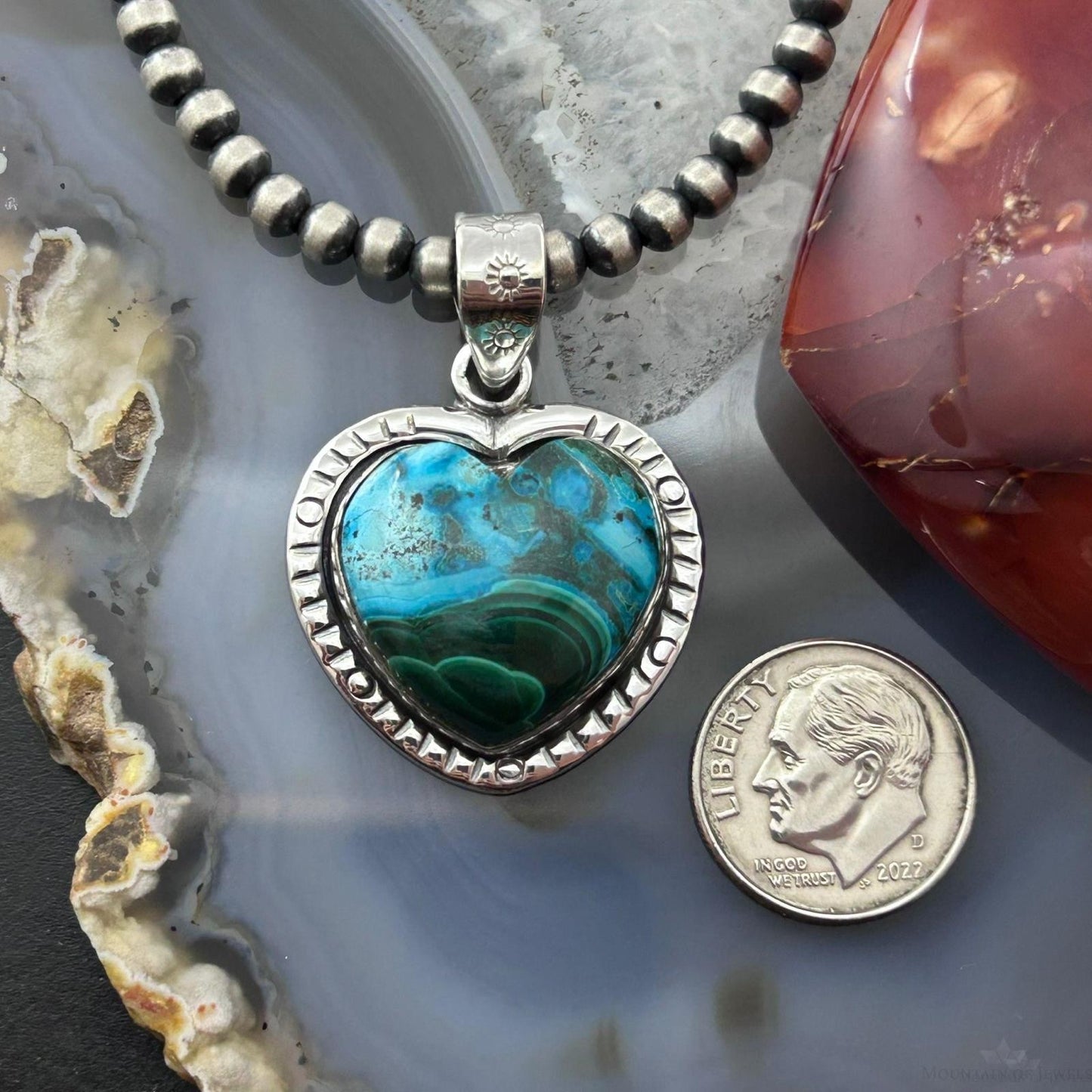 Sterling Silver Southwestern Style Azurite Malachite Decorated Heart Pendant For Women