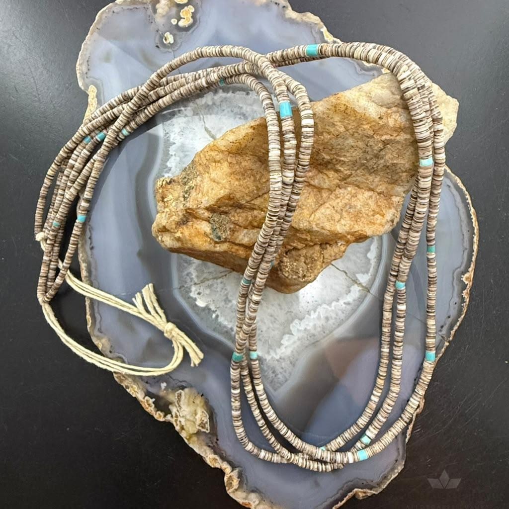 Vintage Native American 3 Strands Heishi Beads &Turquoise 30" Necklace For Women