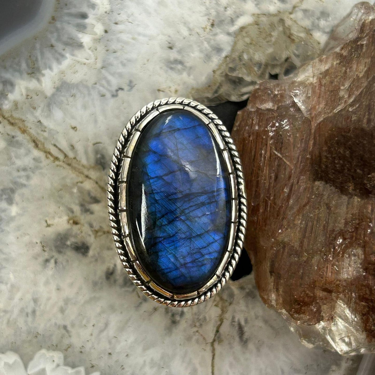 Sterling Silver Southwestern Style Oval Labradorite Decorated Ring Size 8 For Women