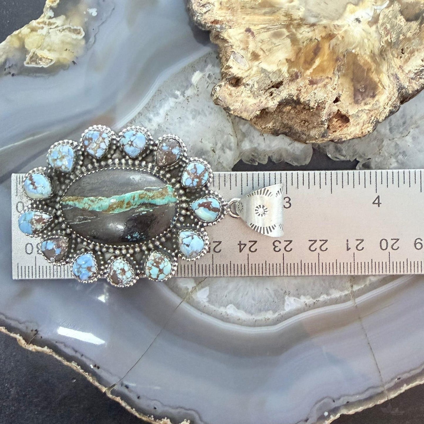 Sterling Silver Southwestern Style Blackjack & Golden Hill Turquoise Pendant For Women