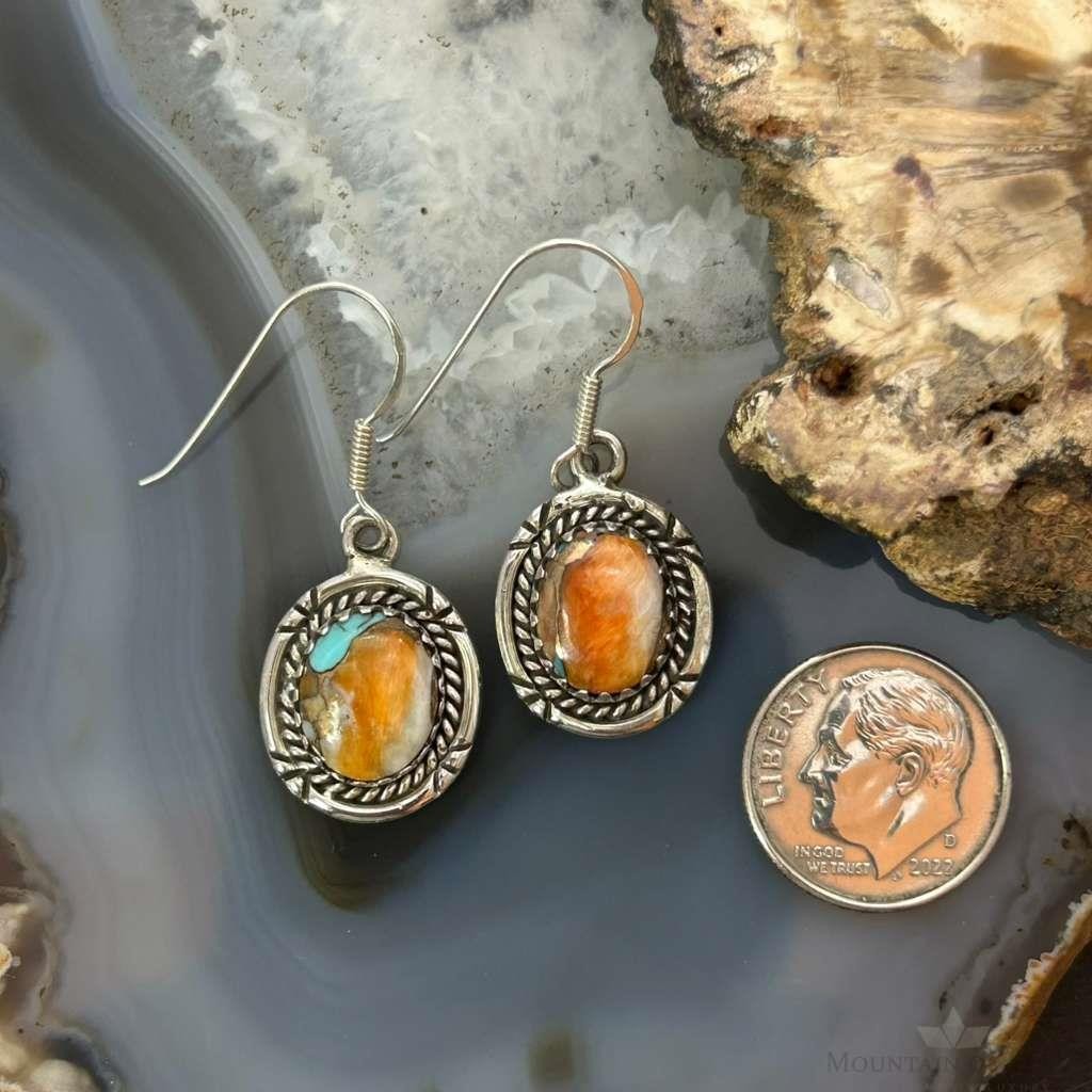 Sterling Silver Southwestern Style Spiny Oyster Turquoise Dangle Earrings For Women #6