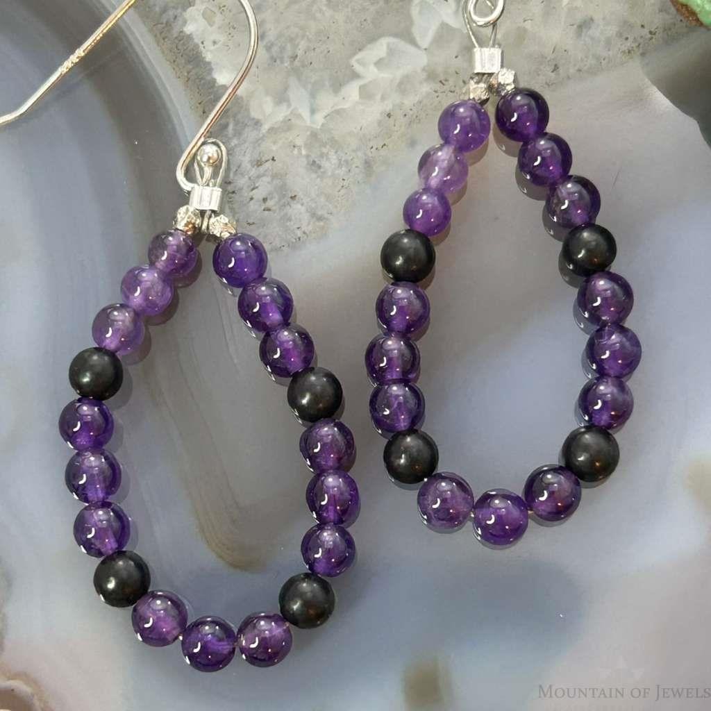 Sterling Silver Amethyst Beads Hoop Dangle Earrings For Women