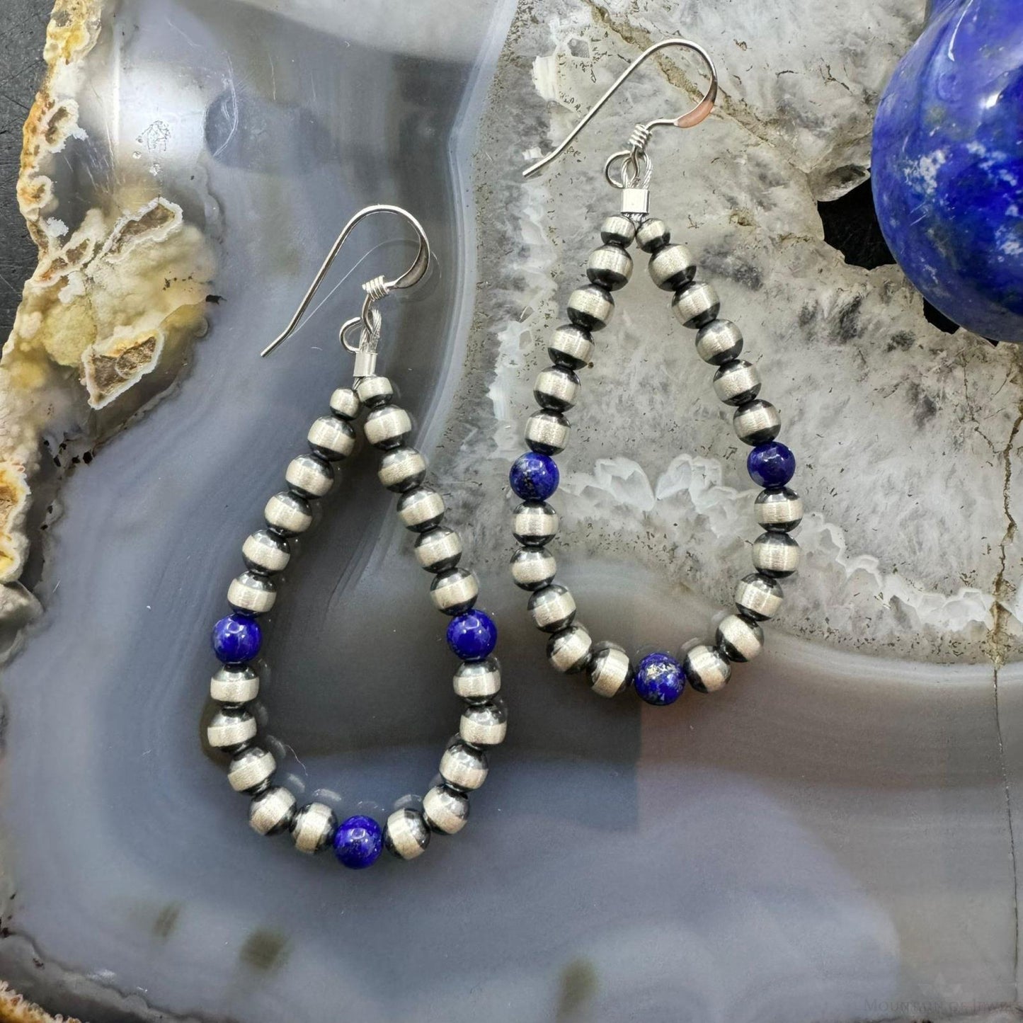 Sterling Silver Navajo Pearl Beads & Lapis Hoop Dangle Earrings For Women