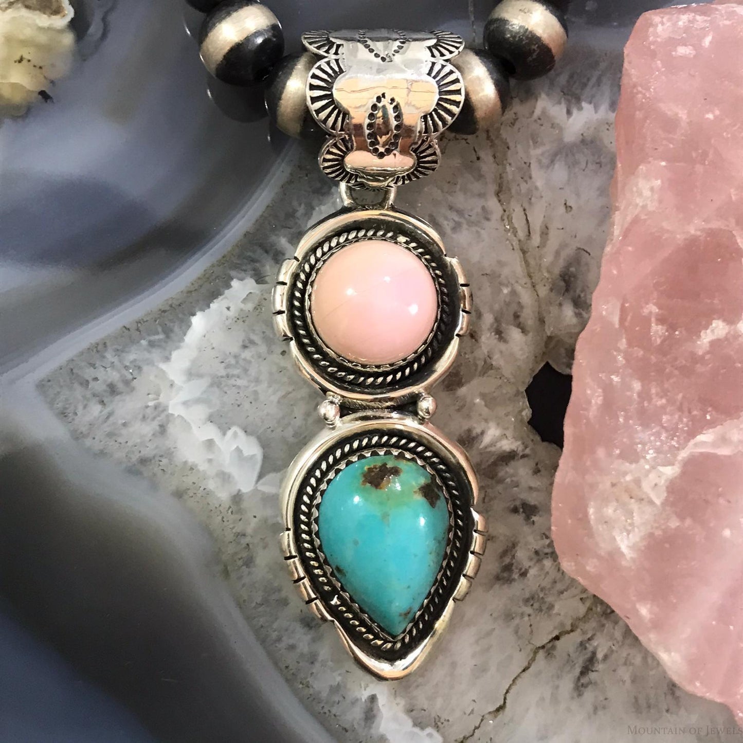 Native American Sterling Silver Pink Conch Shell & Turquoise Pendant For Women