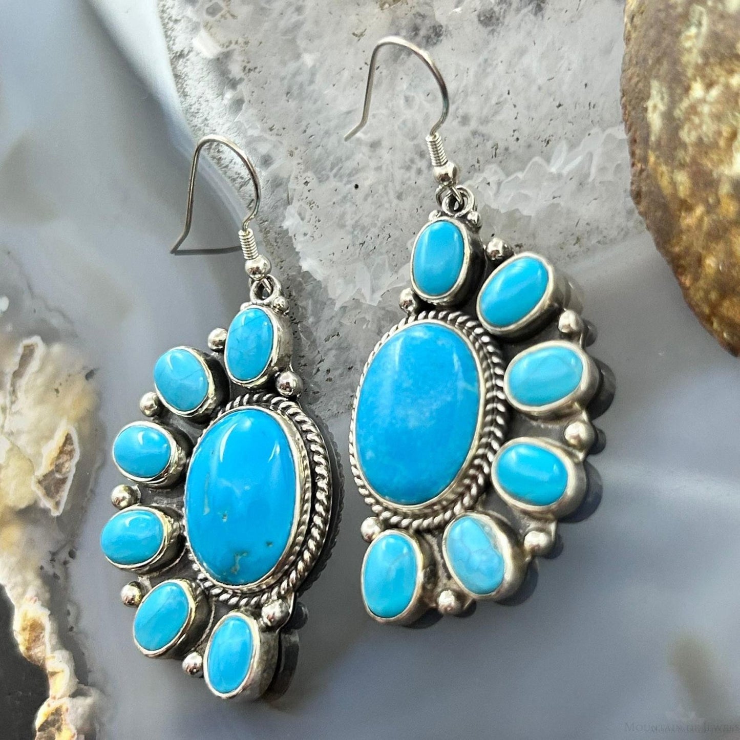 Native American Sterling Silver Turquoise Cluster Dangle Earrings For Women