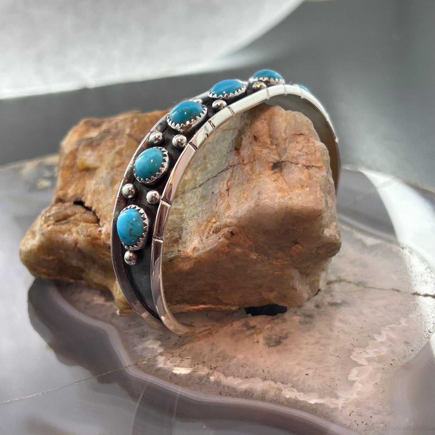 Reed Charley Native Americn Sterling Silver Turquoise Decorated Row Bracelet For Women