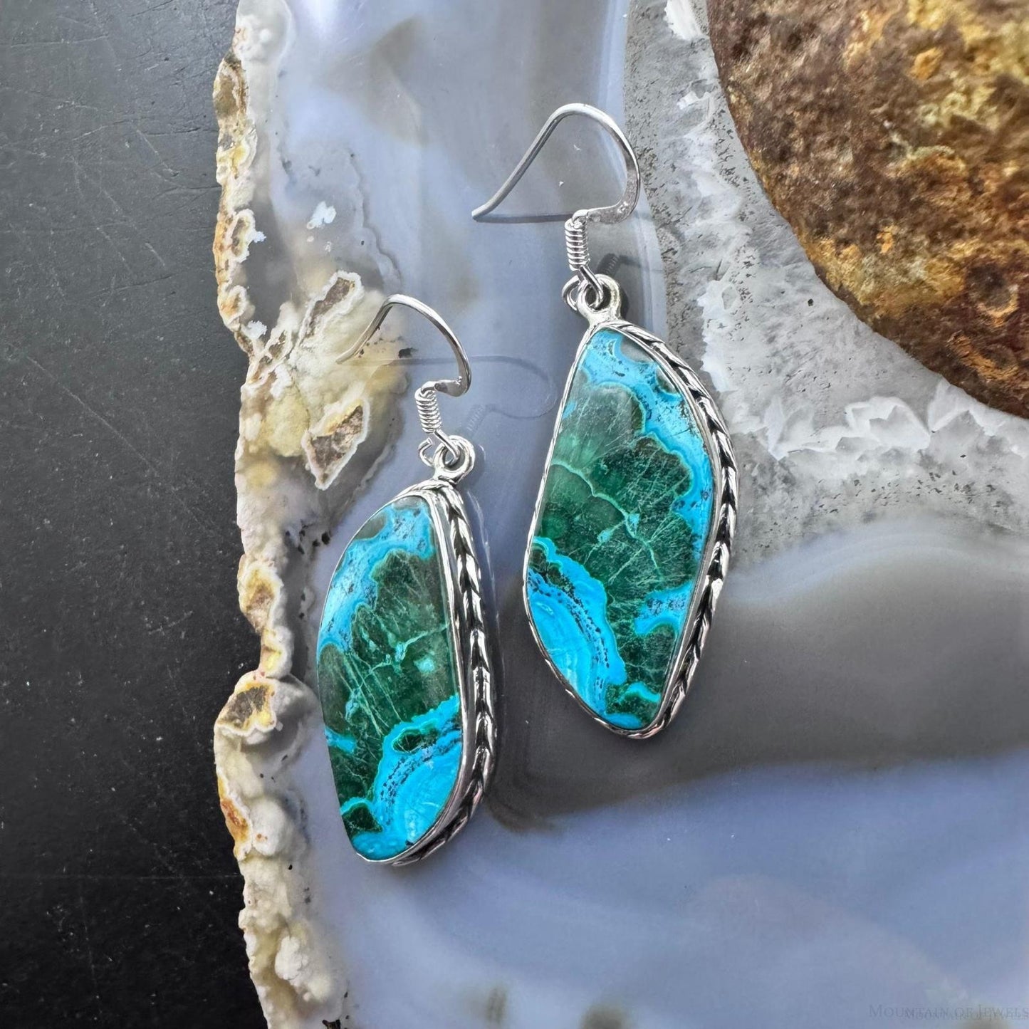 Sterling Silver Southwestern Style Tilde Malachite Azurite Dangle Earrings For Women