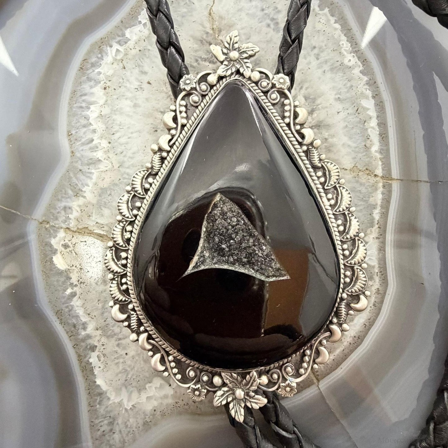 Sterling Silver Southwestern Style Teardrop Onyx Bolo Tie For Men