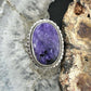 Sterling Silver Southwestern Style Oval Charoite Decorated Ring Size 6.75 For Women