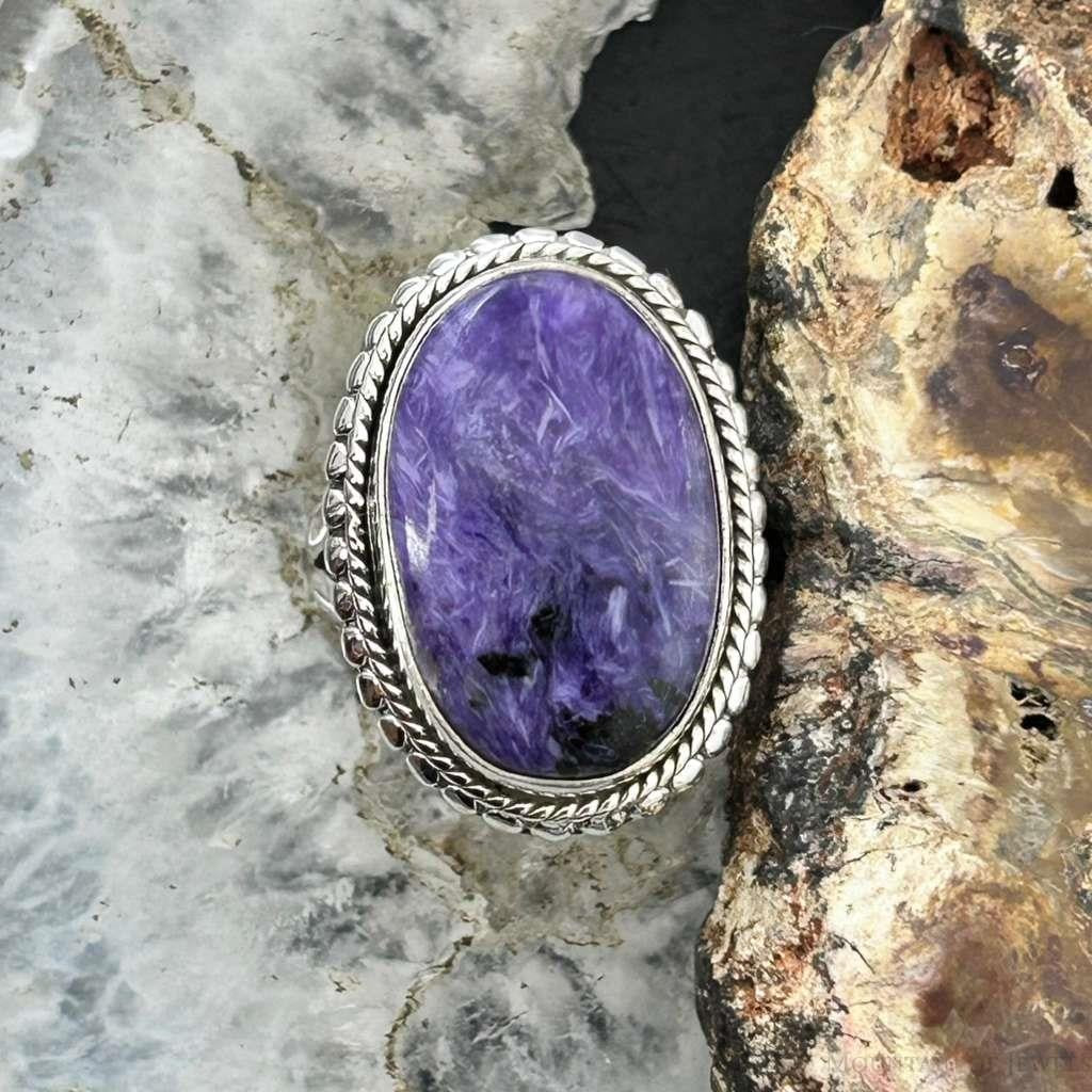 Sterling Silver Southwestern Style Oval Charoite Decorated Ring Size 6.75 For Women