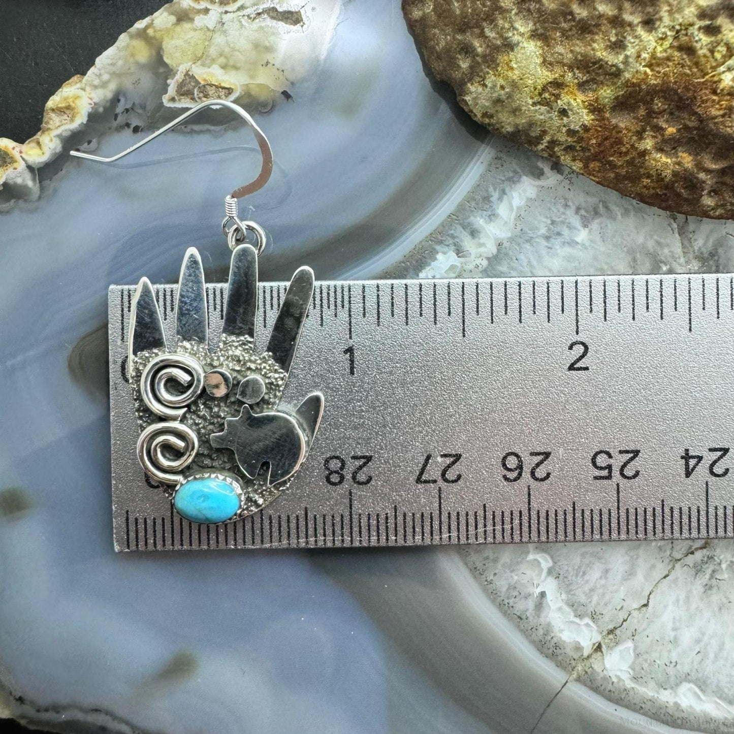 Alex Sanchez Sterling Silver Ancestors Hand Petroglyph W/Turquoise Dangle Earrings For Women #2