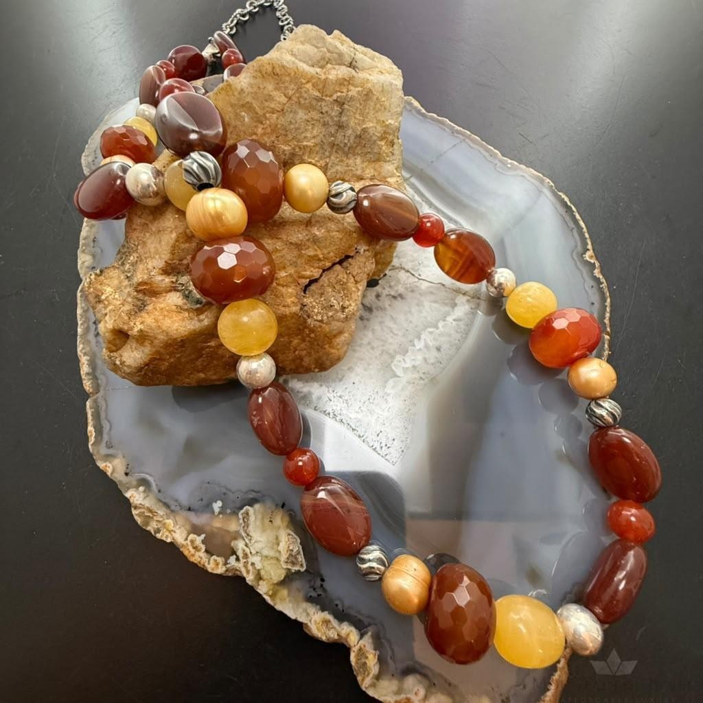 Carolyn Pollack Sterling Silver Carnelian & Fresh Water Pearl Beads 22"-26" Necklace