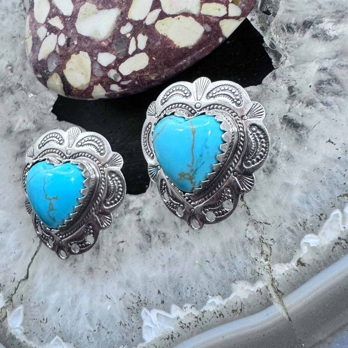 Native American Sterling Silver Turquoise Heart Stud Earrings For Women