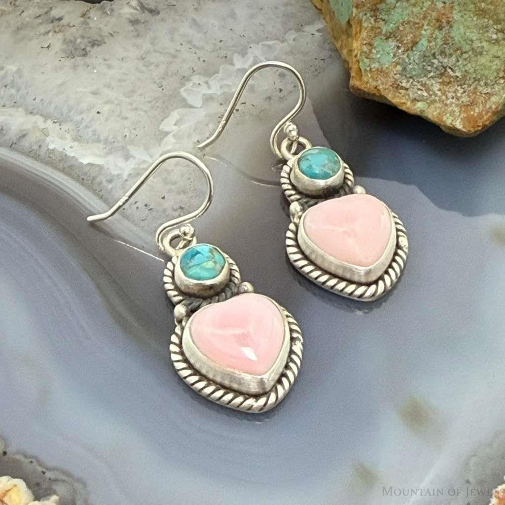 Sterling Silver Southwestern Style Pink Conch & Turquoise Dangle Earrings For Women