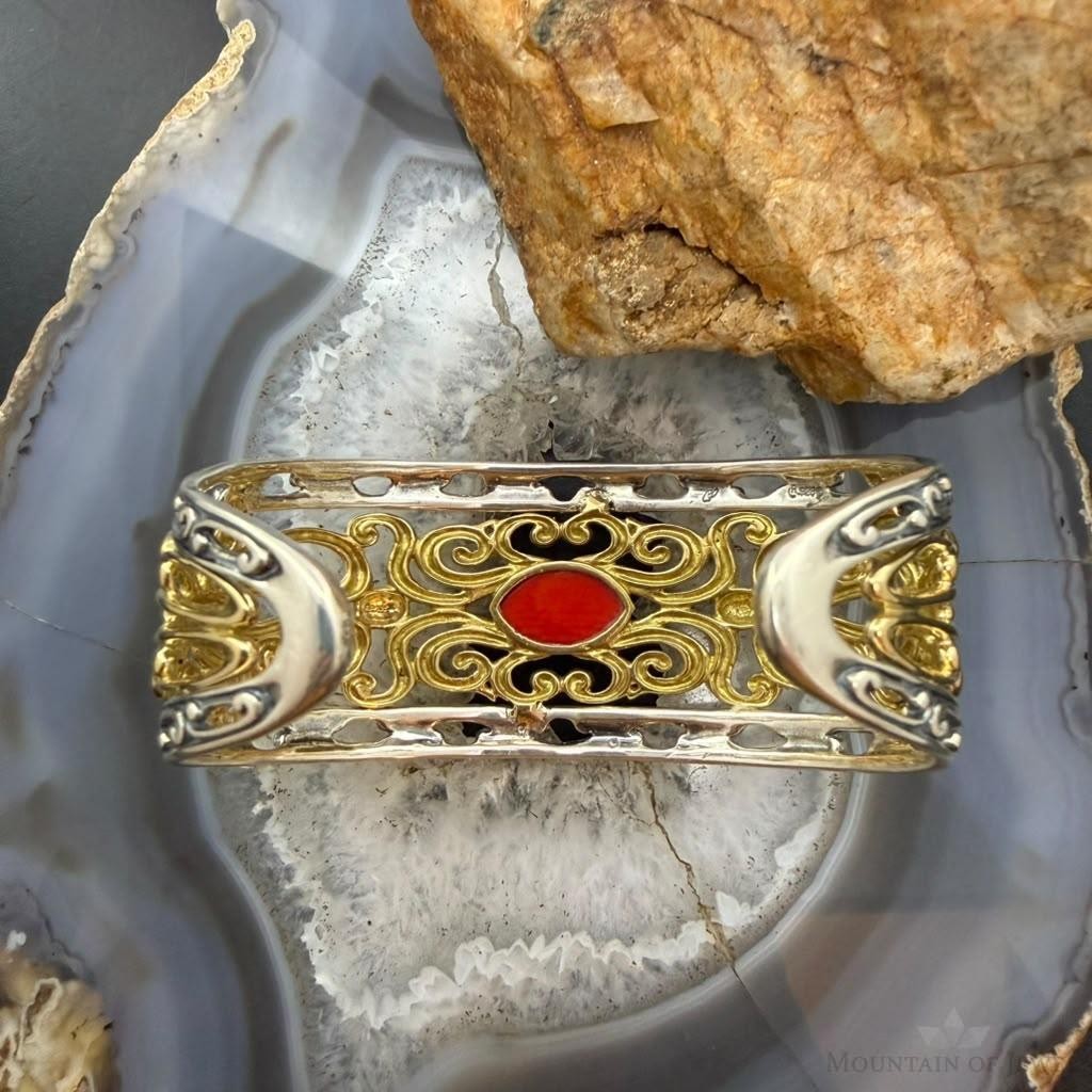 Carolyn Pollack Sterling Silver & Brass Marquise Coral Doublet Swirl Bracelet For Women