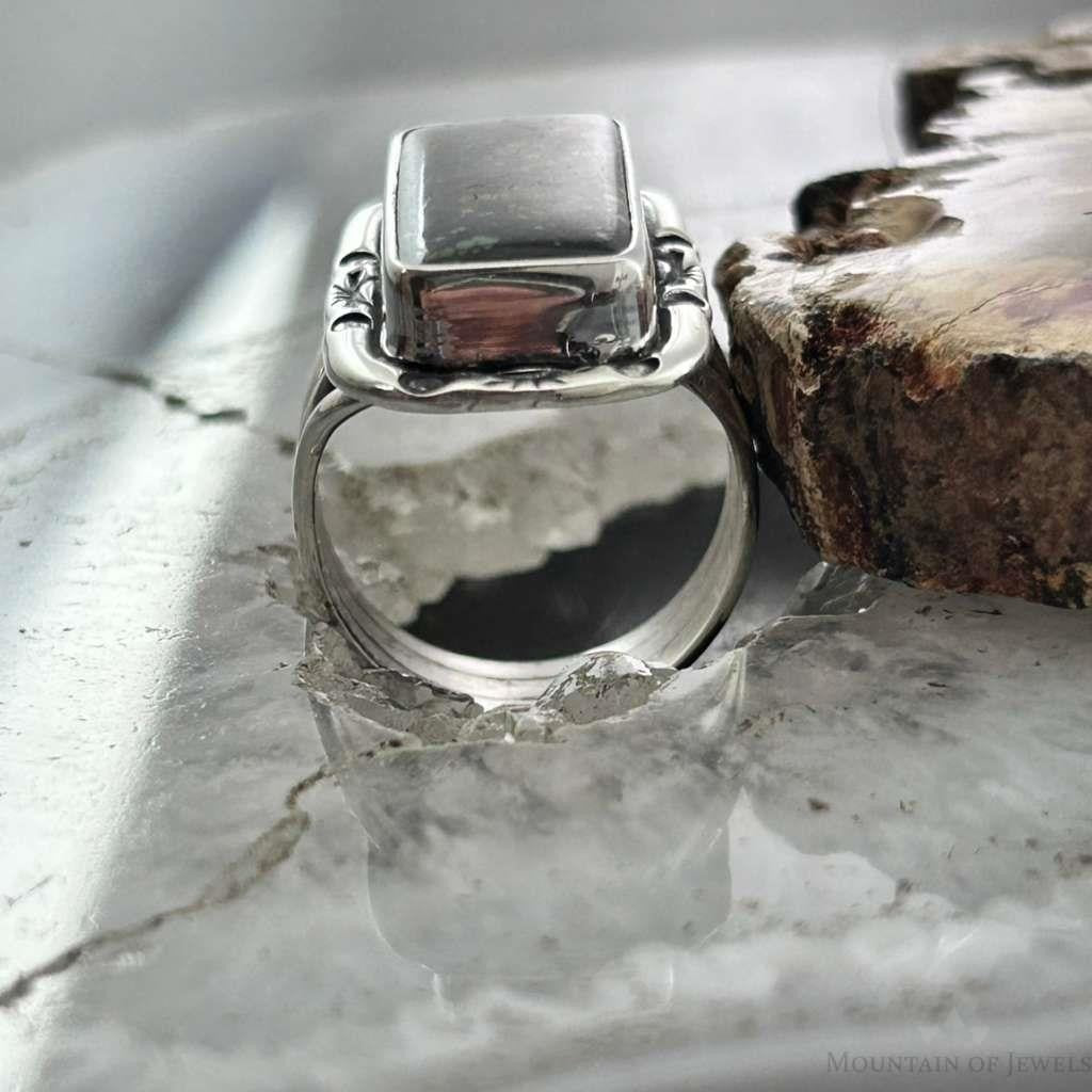 Native American Sterling Silver Rectangle Black Jack Bar Ring Size 7.5 For Women