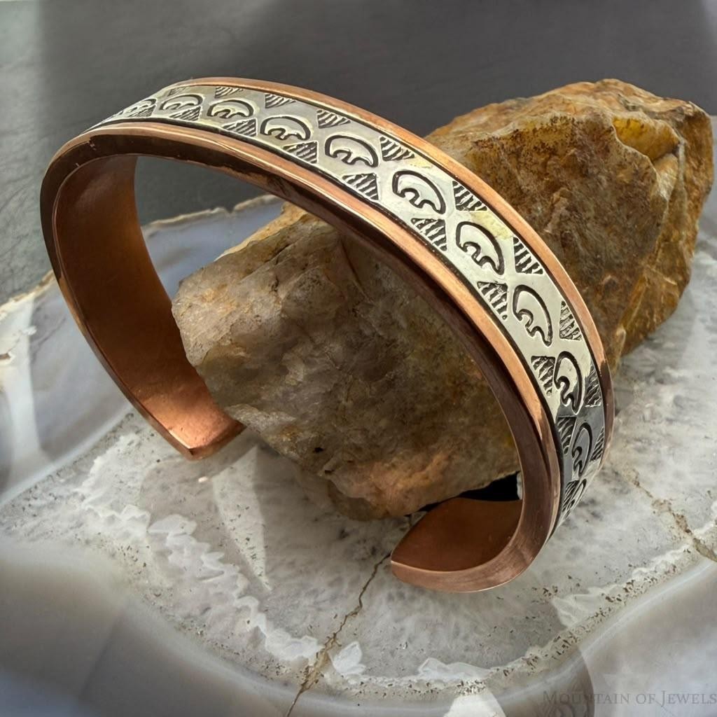 Wylie Secatero Navajo Sterling Silver & Copper Stamped Bear Bracelet For Men