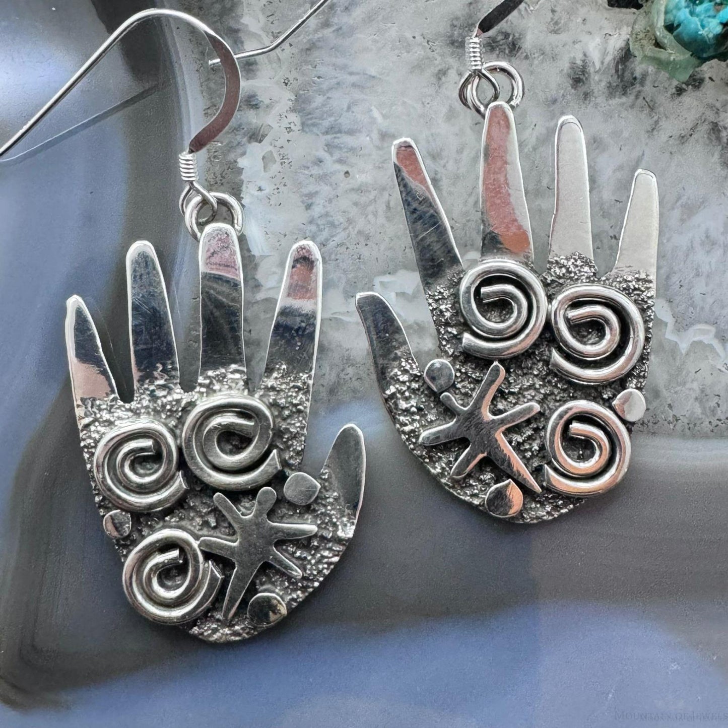 Alex Sanchez Sterling Silver Ancestors Hand Petroglyph Dangle Earrings For Women