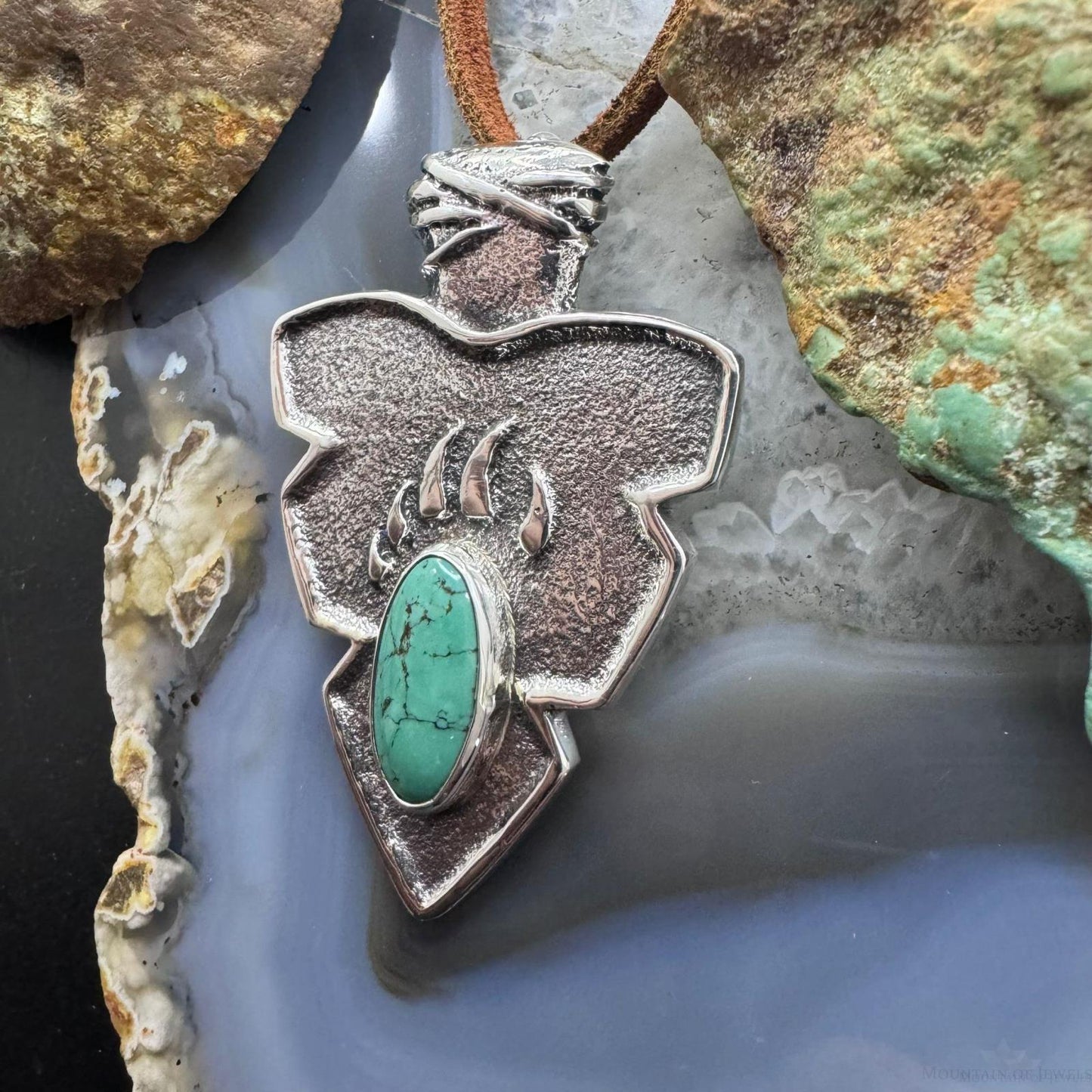 Gary Custer Sterling Silver  Tufa Cast Turquoise Bear Claw Arrowhead Unisex Pendant