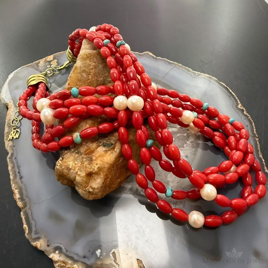 Carolyn Pollack Brass 5 Strands Red Jasper Beads 17"-20" Necklace For Women