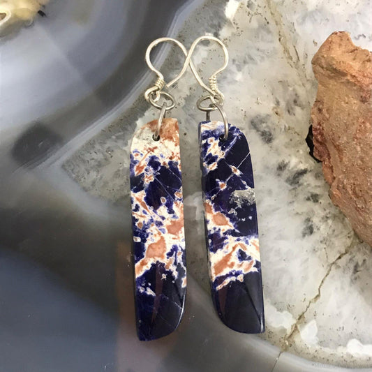 Sterling Silver Elongated Tilde Shape Blue Sodalite Slab Dangle Earrings For Women #217