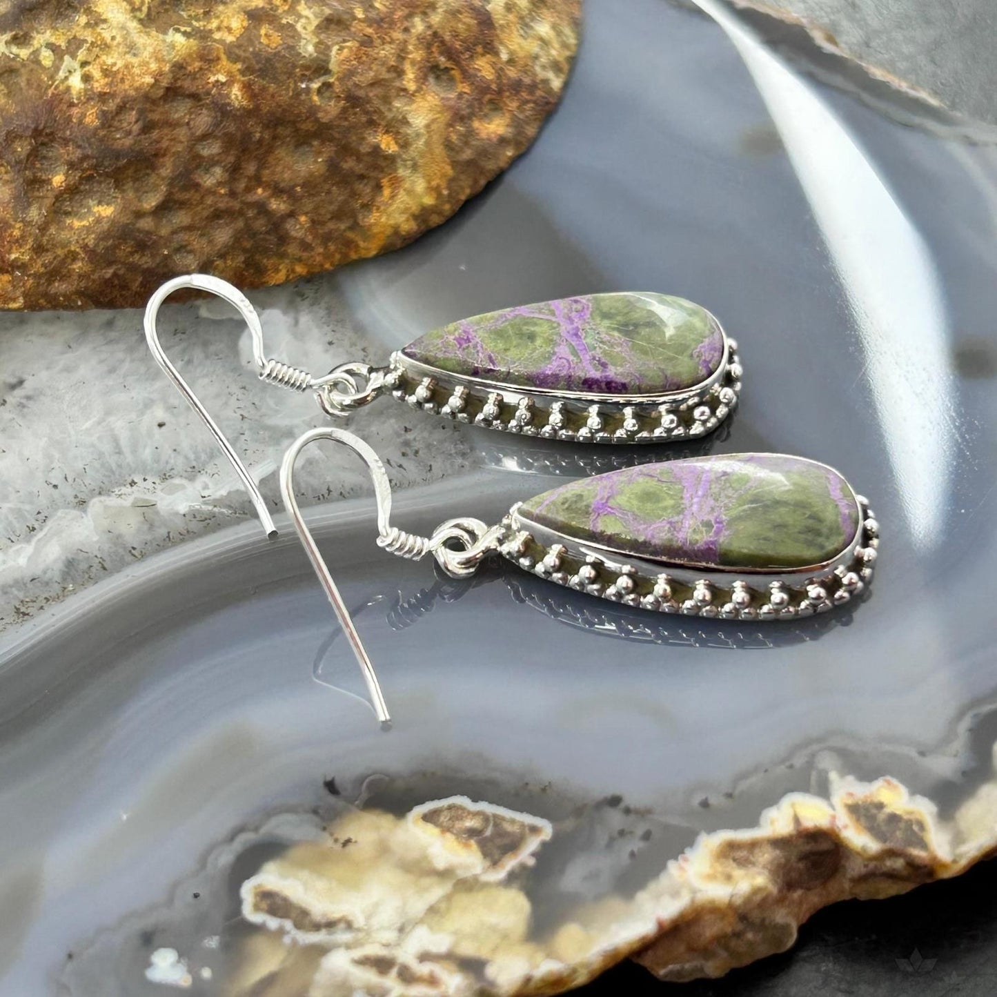 Sterling Silver Southwestern Style Teardrop Stichtite Dangle Earrings For Women