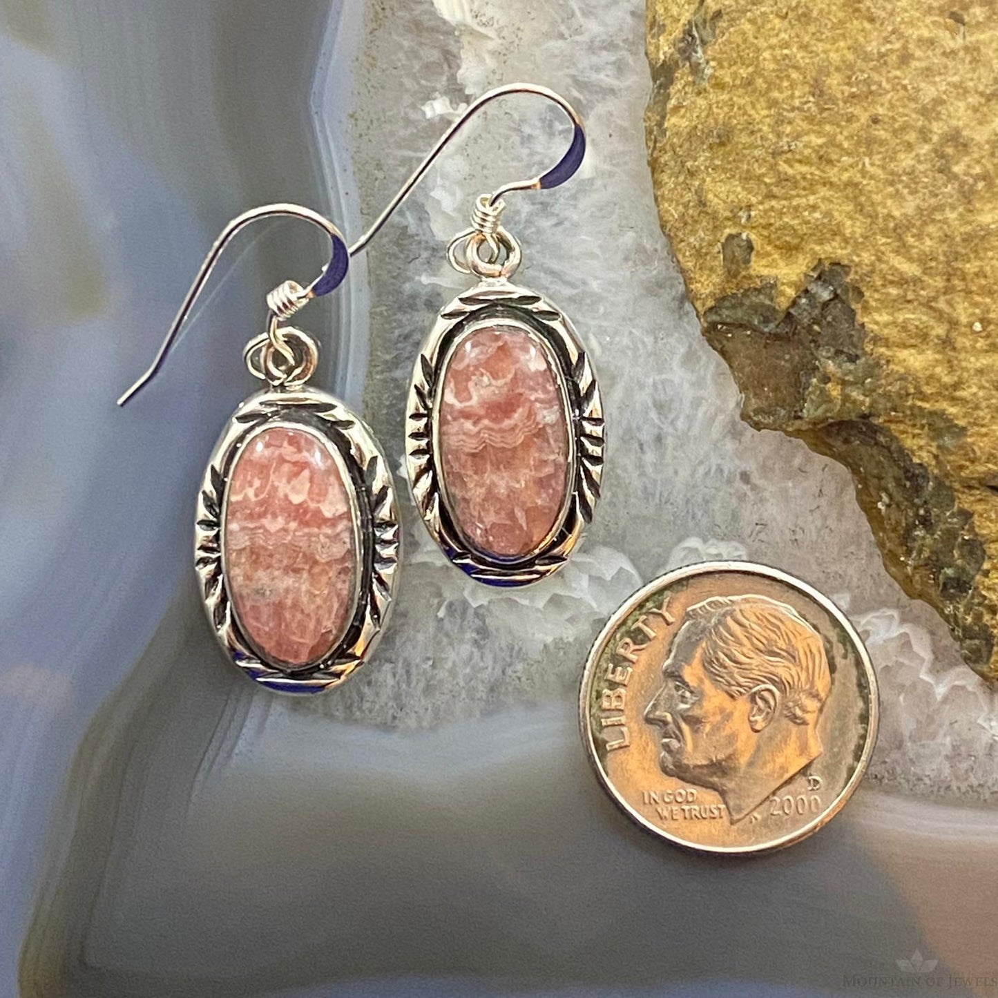 Native American Sterling Silver Oval Rhodochrosite Dangle Earrings For Women