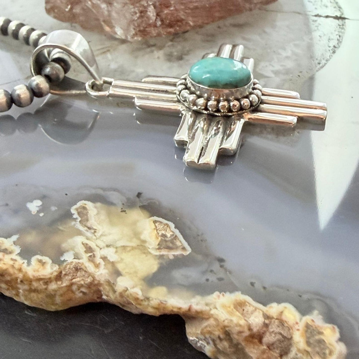 Sterling Silver Southwestern Style Oval Mohave Turquoise Unisex Zia Pendant #1