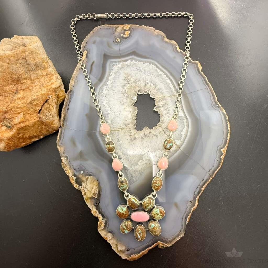 Sterling Silver Southwestern Style Turquoise &Pink Conch Cluster 21" Necklace For Women