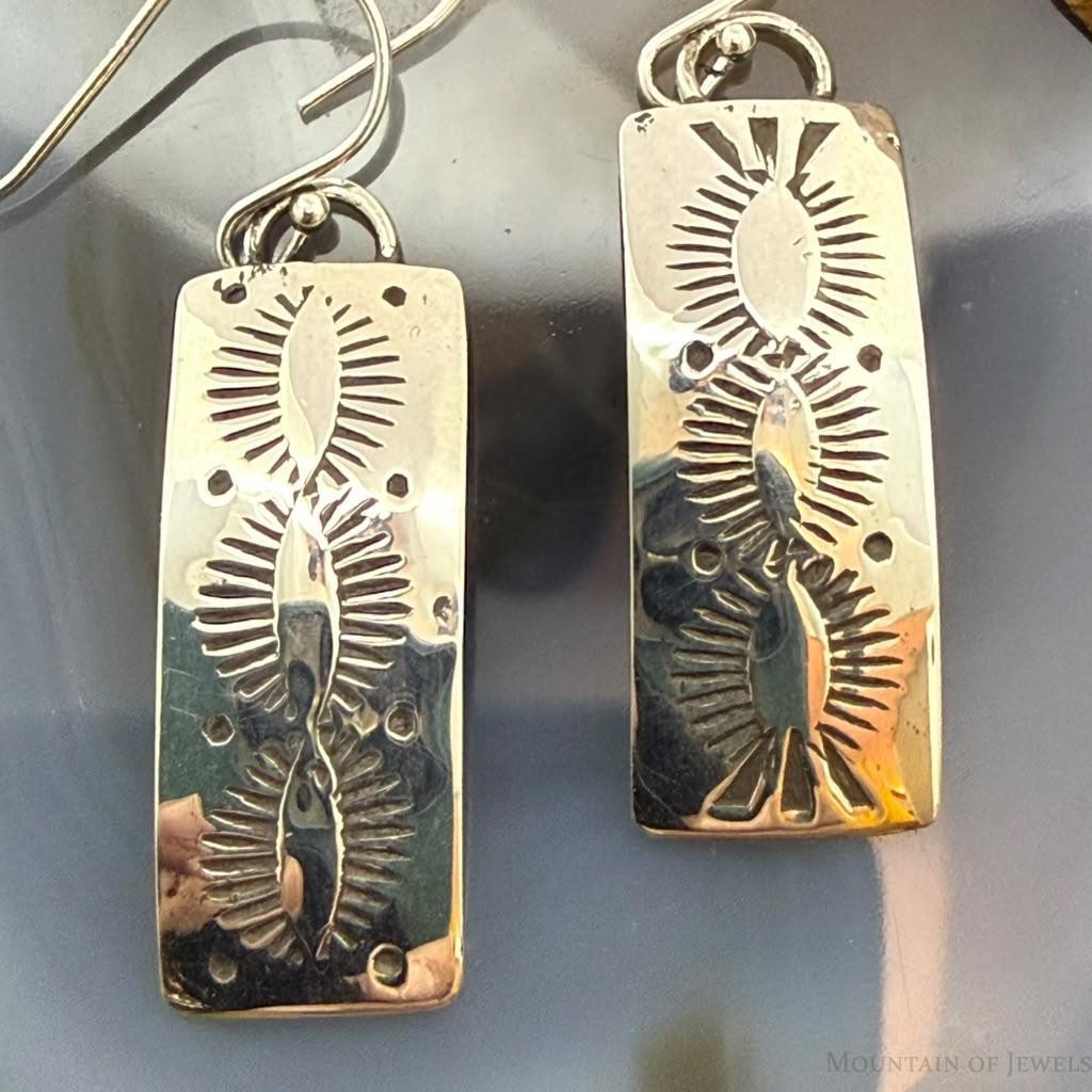 Michael Nez Native American Sterling Silver Stamped Curved Dangle Earrings For Women