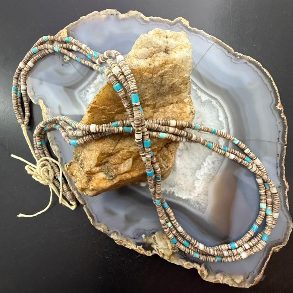 Vintage Native American 3 Strands Heishi Beads &Turquoise 26" Necklace For Women