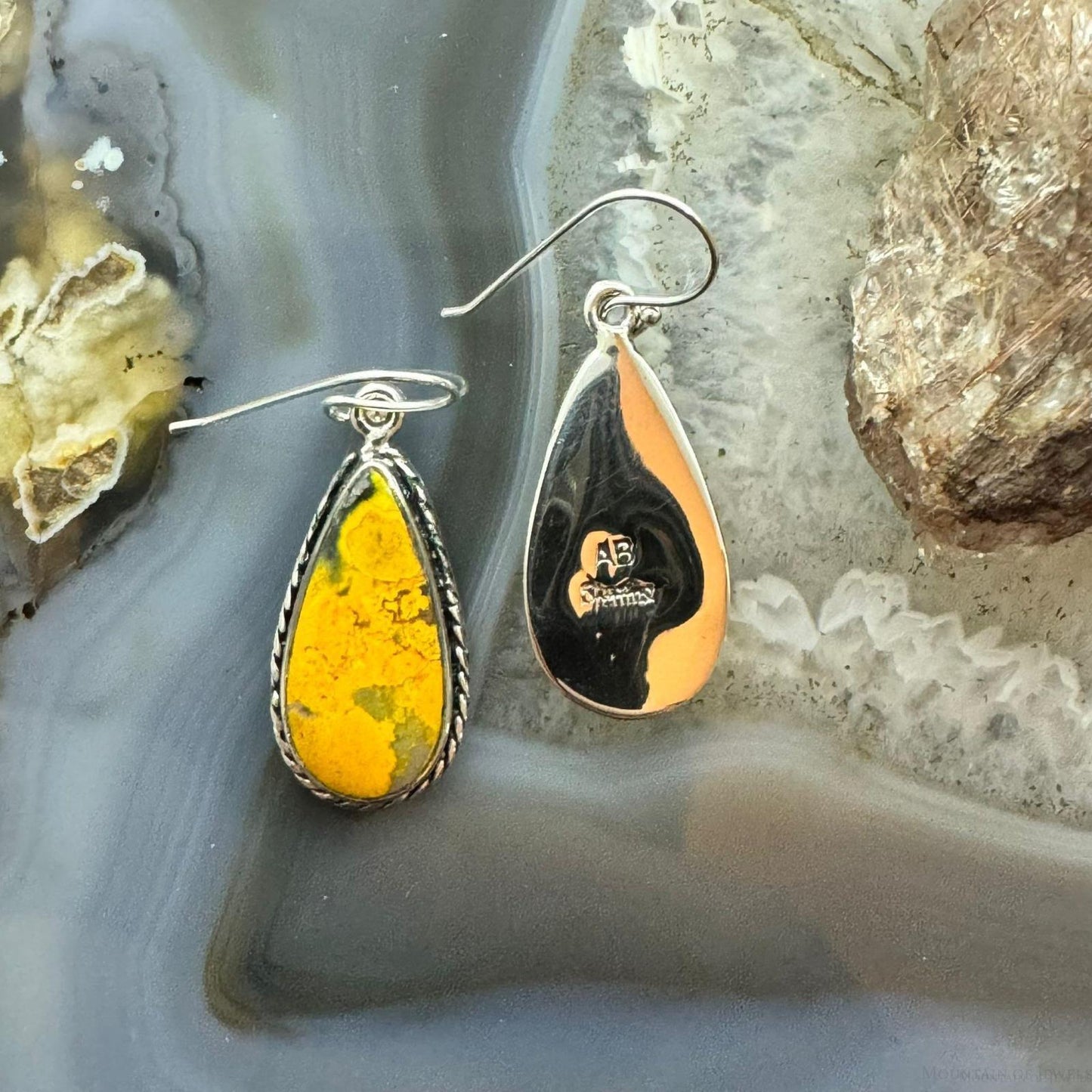 Native American Sterling Silver Teardrop Bumblebee Jasper Dangle Earrings For Women