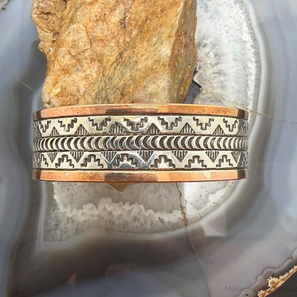 Wylie Secatero Navajo Sterling Silver & Copper Stamped Bracelet For Women