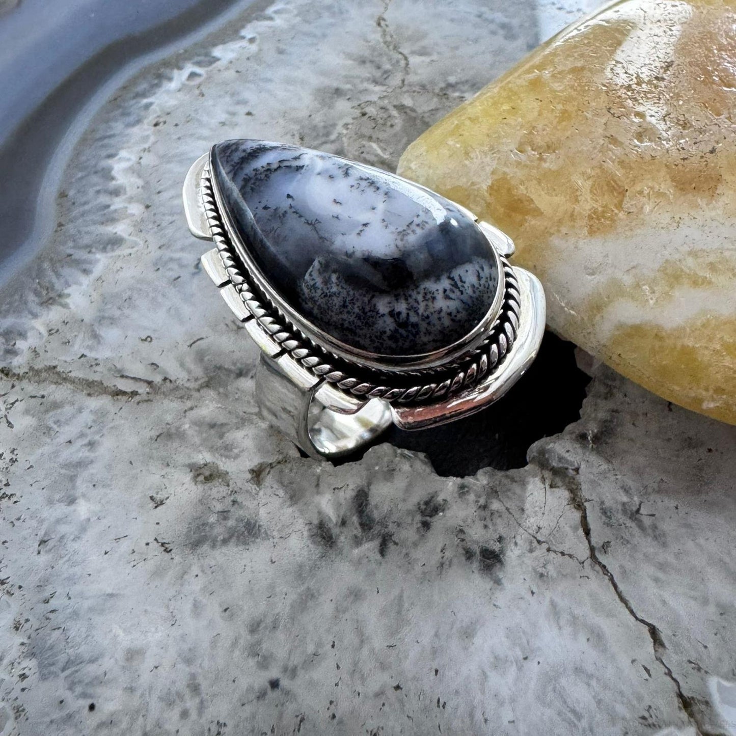 Sterling Silver Southwestern Style Elongated Teardrop Dendrite Agate Ring Size 9.25 For Women