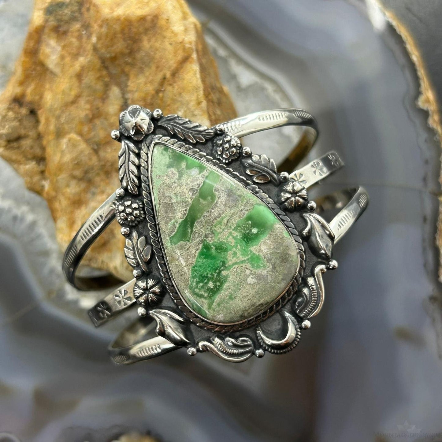 Sterling Silver Southwestern Style Large Teardrop Variscite Bracelet For Women