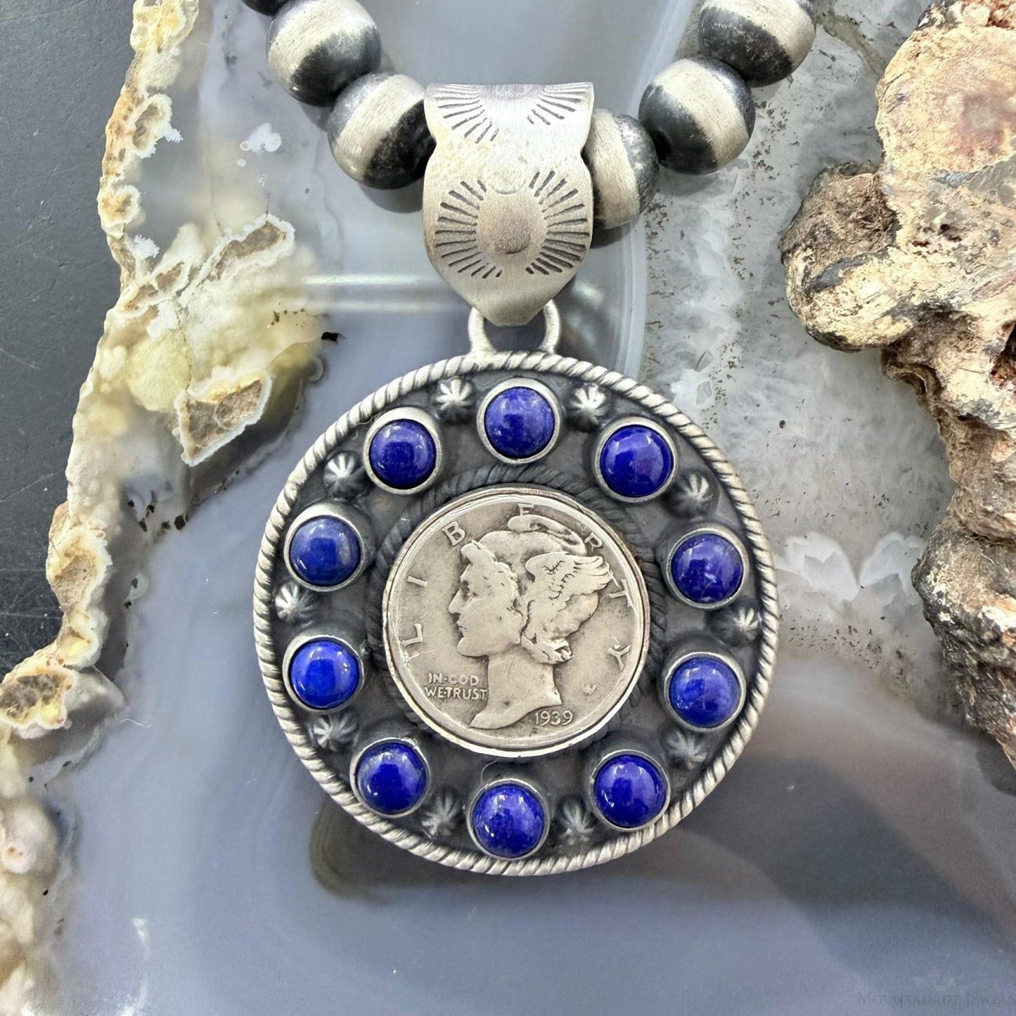 Genuine 90% Silver Mercury Dime Coin w/Lapis Decorated Unisex Pendant