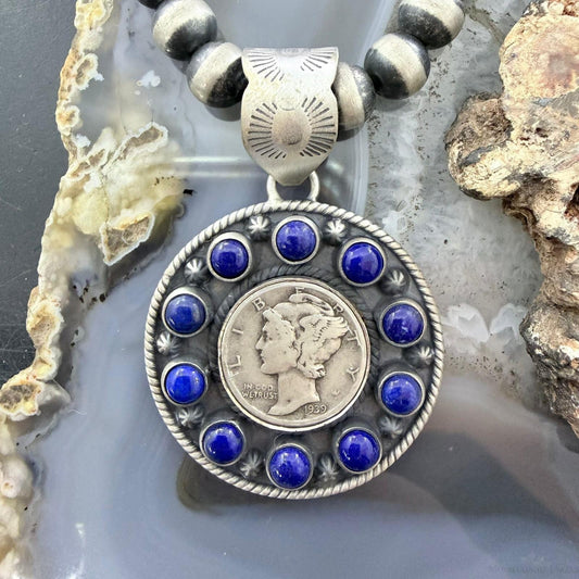 Genuine 90% Silver Mercury Dime Coin w/Lapis Decorated Unisex Pendant