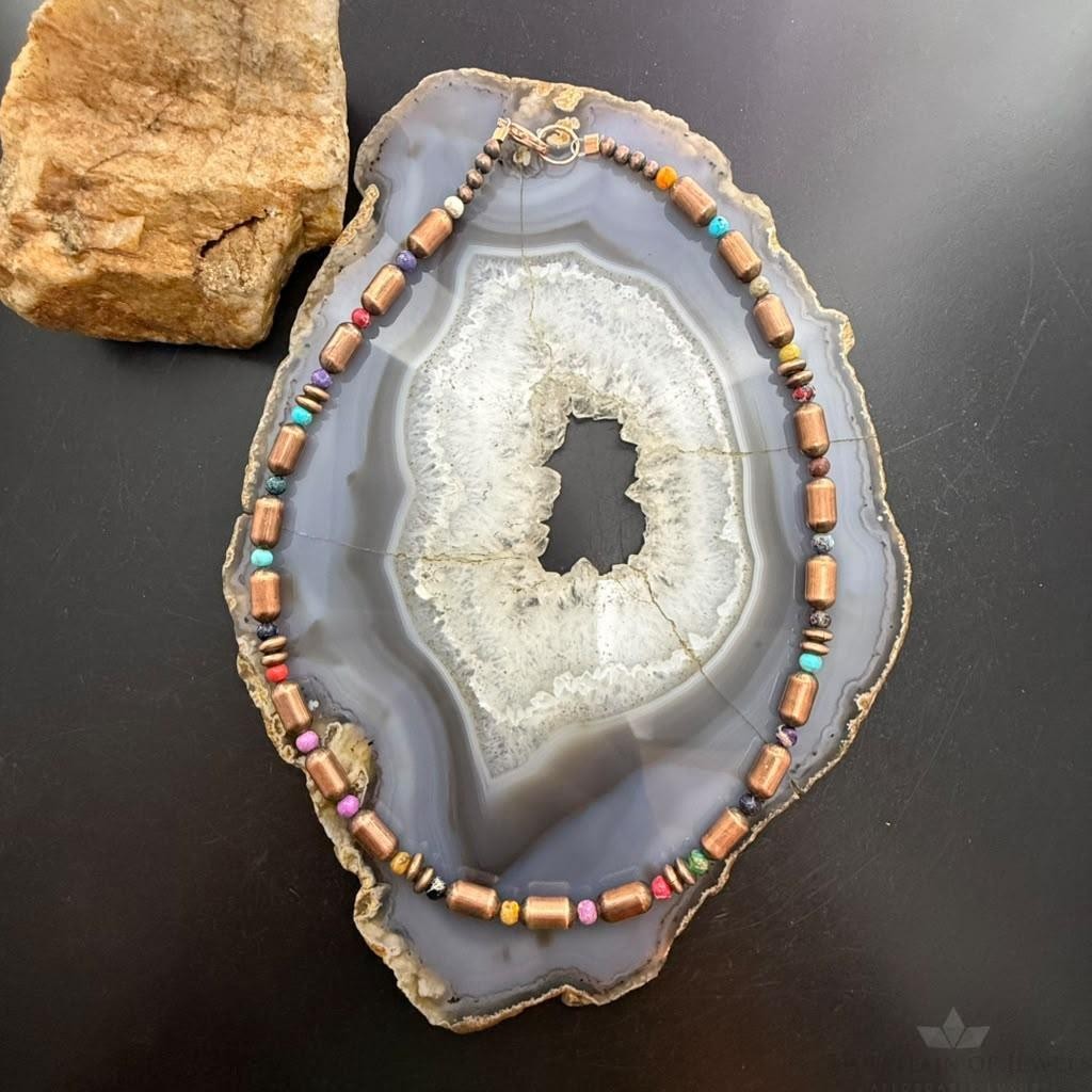 Southwestern Style Copper Navajo Pearl Round &Cylinder w/Multistone 18" Necklace For Women