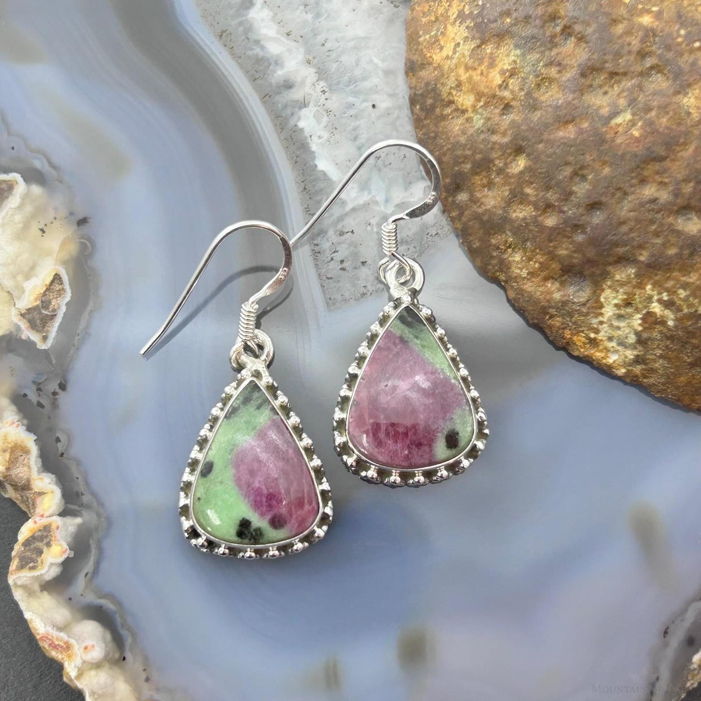 Sterling Silver Southwestern Style Teardrop Ruby Zoisite Dangle Earrings For Women