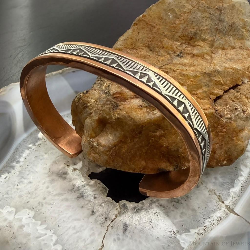 Wylie Secatero Navajo Sterling Silver & Copper Stamped Bracelet For Women #2