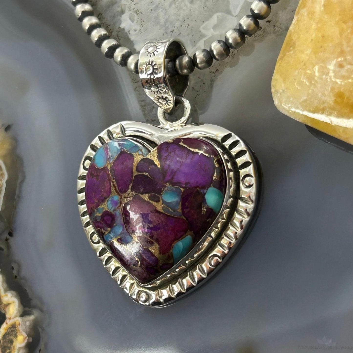 Sterling Silver Southwestern Style Purple Dahlia Heart Pendant For Women