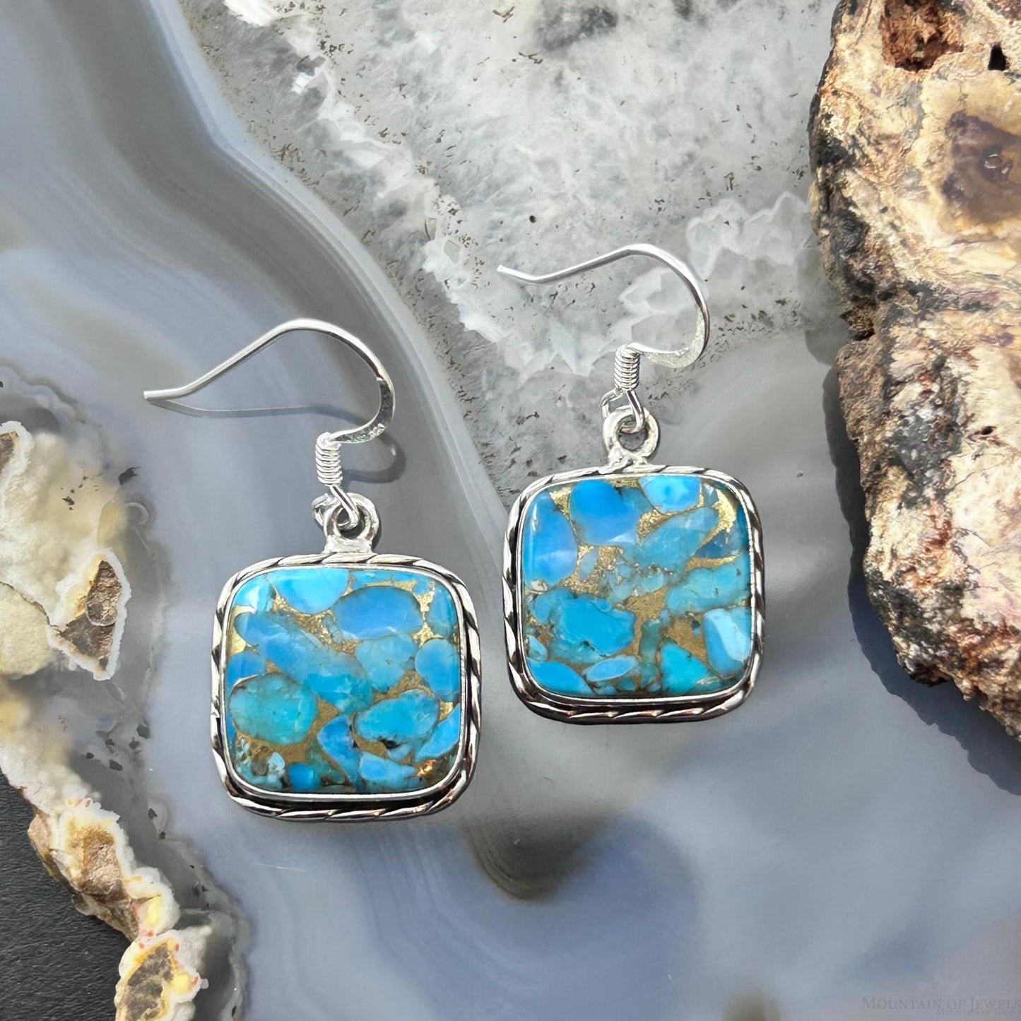 Sterling Silver Southwestern Style Blue Copper Turquoise Dangle Earrings For Women #1