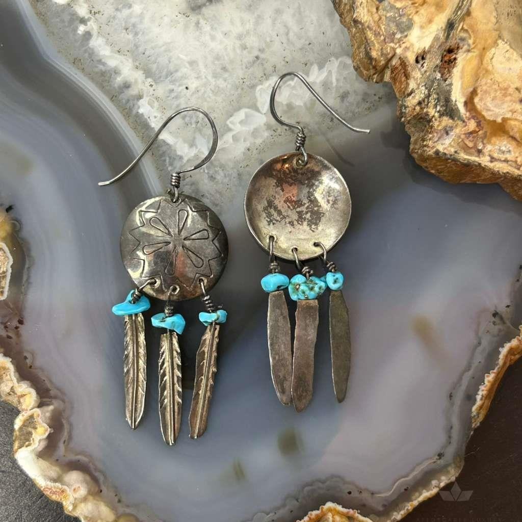 Vintage Native American Silver Turquoise w/Feather Dangle Earrings For Women