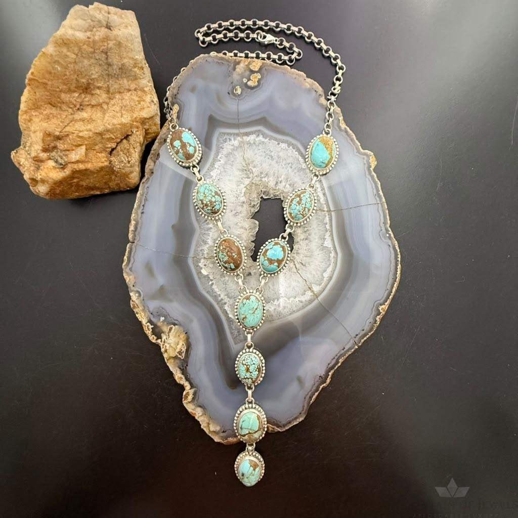 Sterling Silver Southwestern Style Oval Turquoise #8 Lariat 28" Necklace For Women