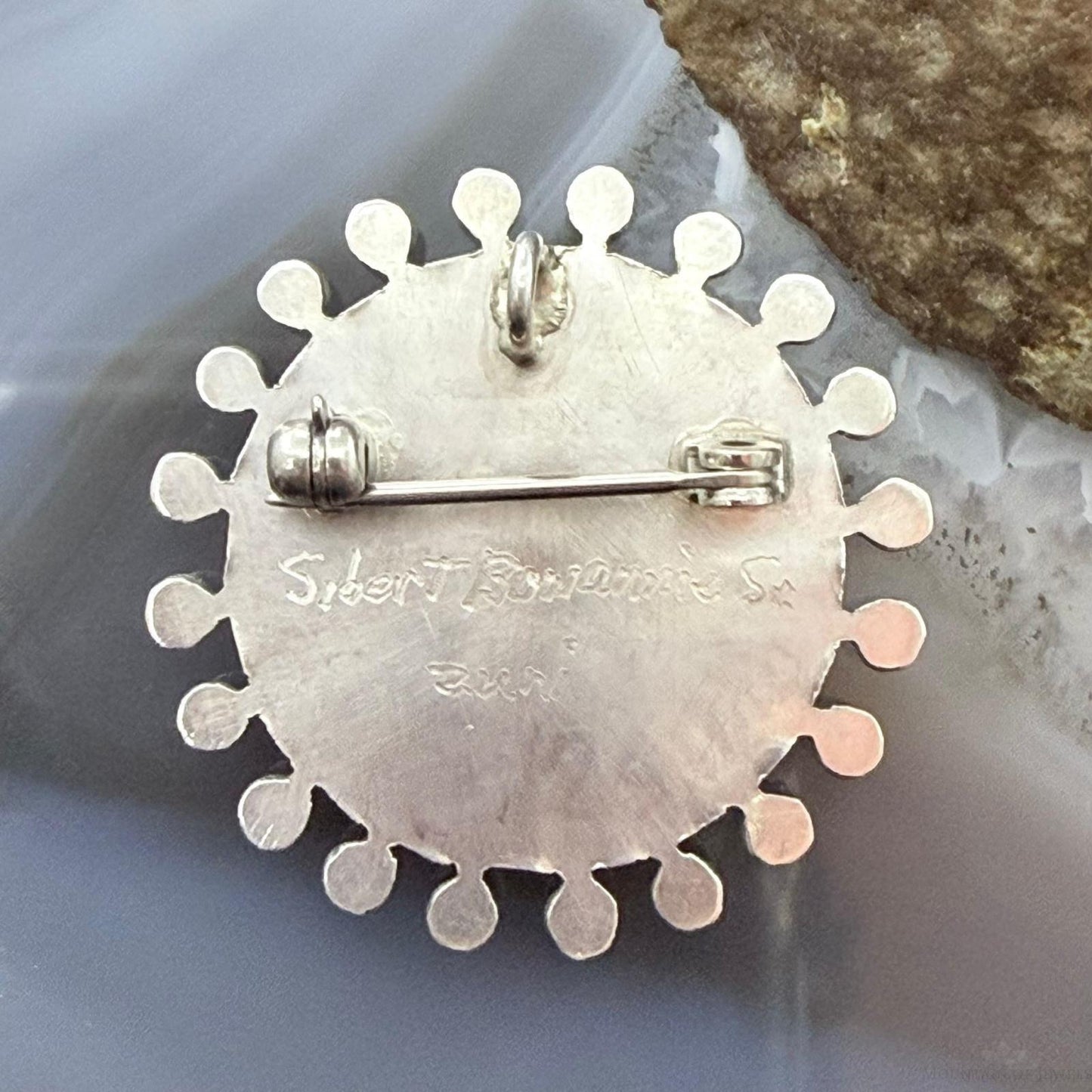 Sibert Bowannie Native American Sterling Silver Needlepoint Turquoise Brooch/Pendant For Women