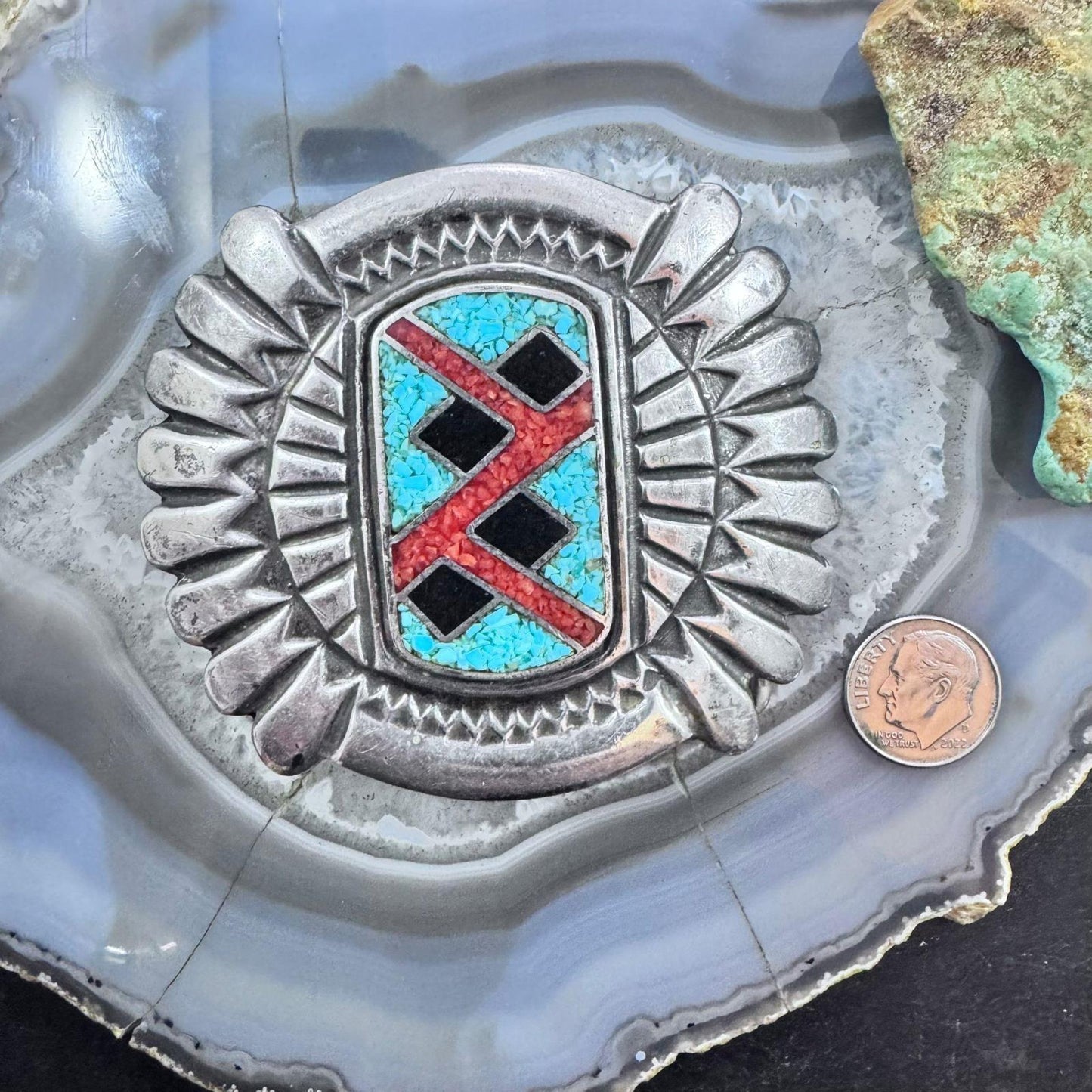 Vintage Native American Sterling Silver Chip Inlay Large Belt Buckle For Men