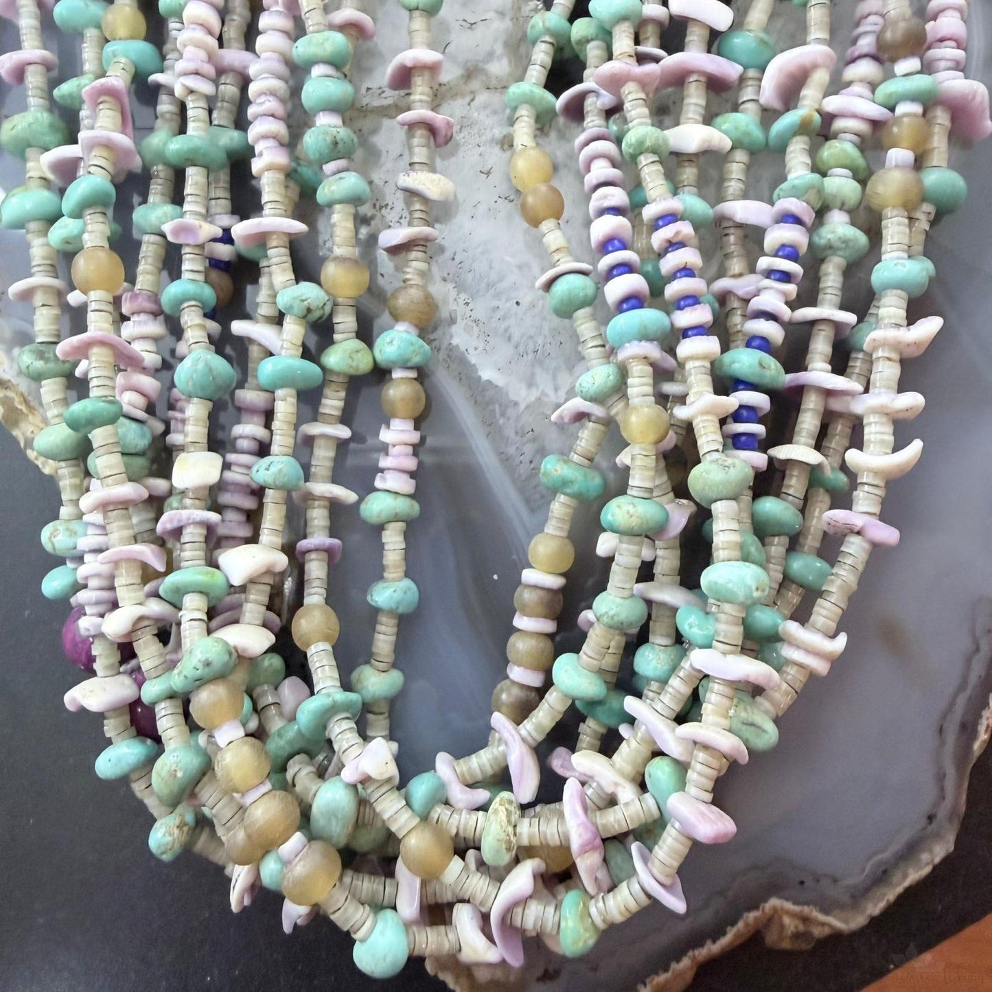 Vintage Native American 10 Strands Heishi and Multistone 30" Necklace For Women