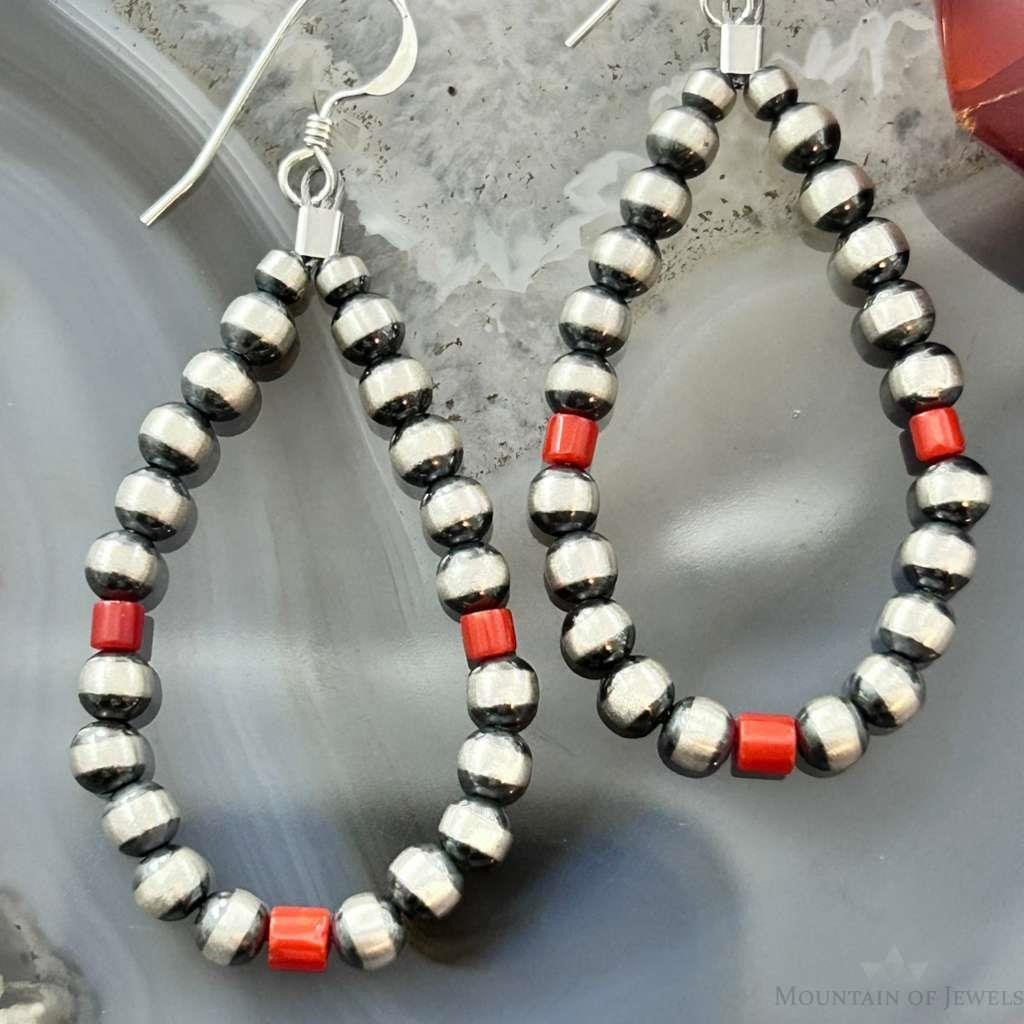 Navajo Pearl Beads 4mm and Coral Sterling Silver Hoop Dangle Earrings For Women